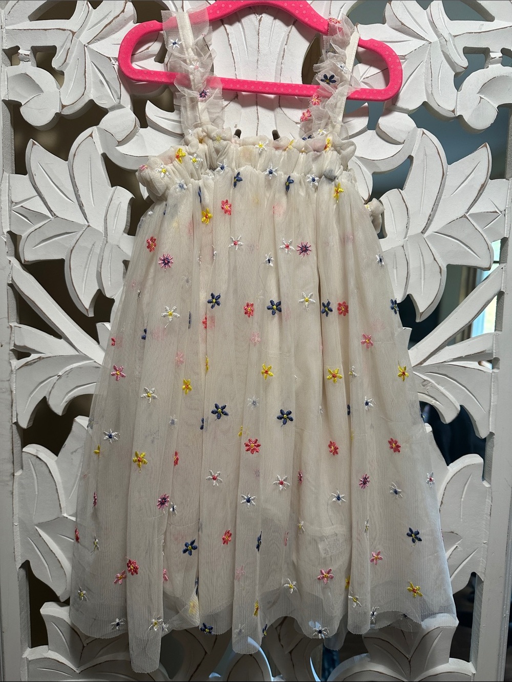 Girls' Cream Tulle Dress with Multicolor Floral Embroidery